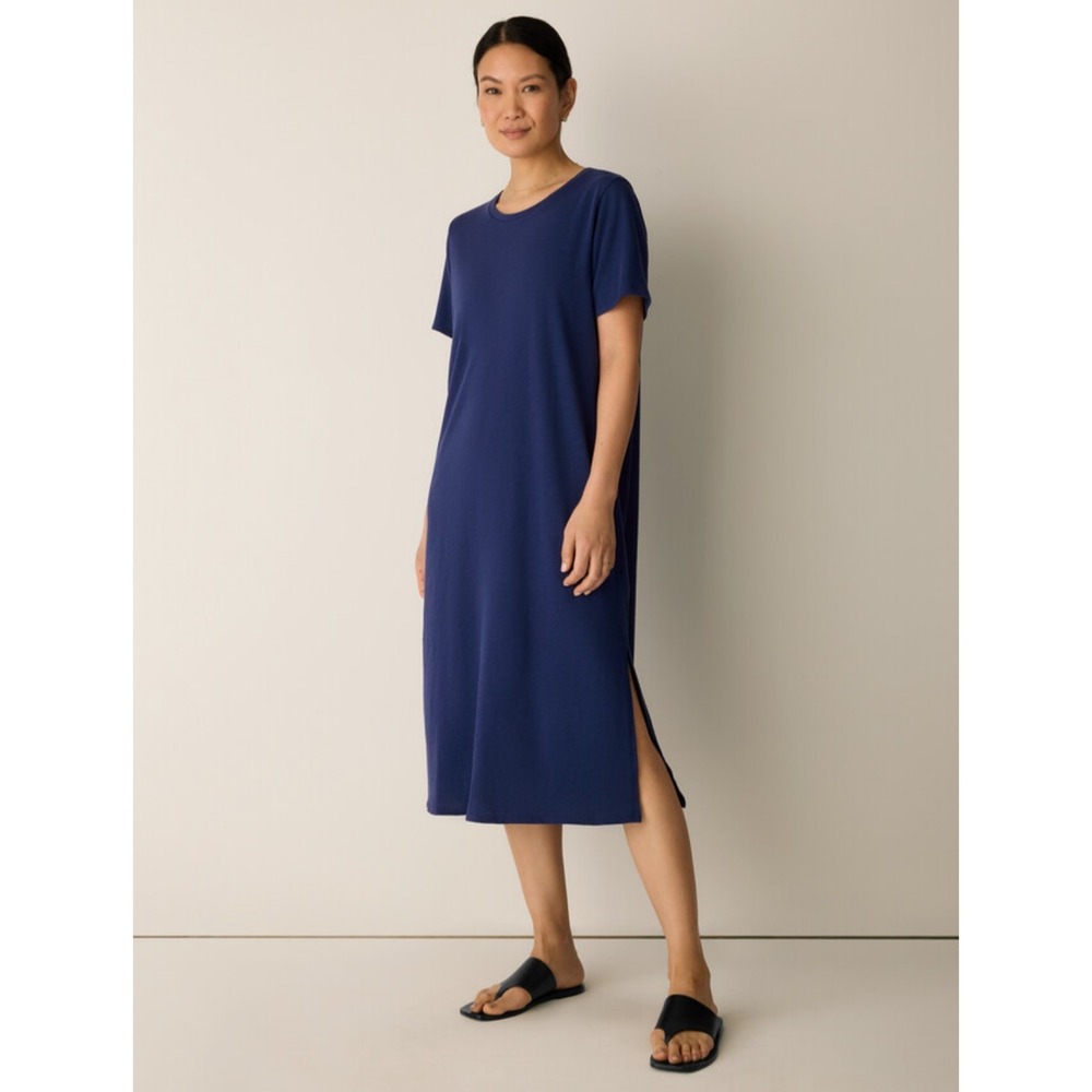 New Eileen Fisher T-Shirt Dress Large Organic Cotton Slubby Jersey Midi Blue